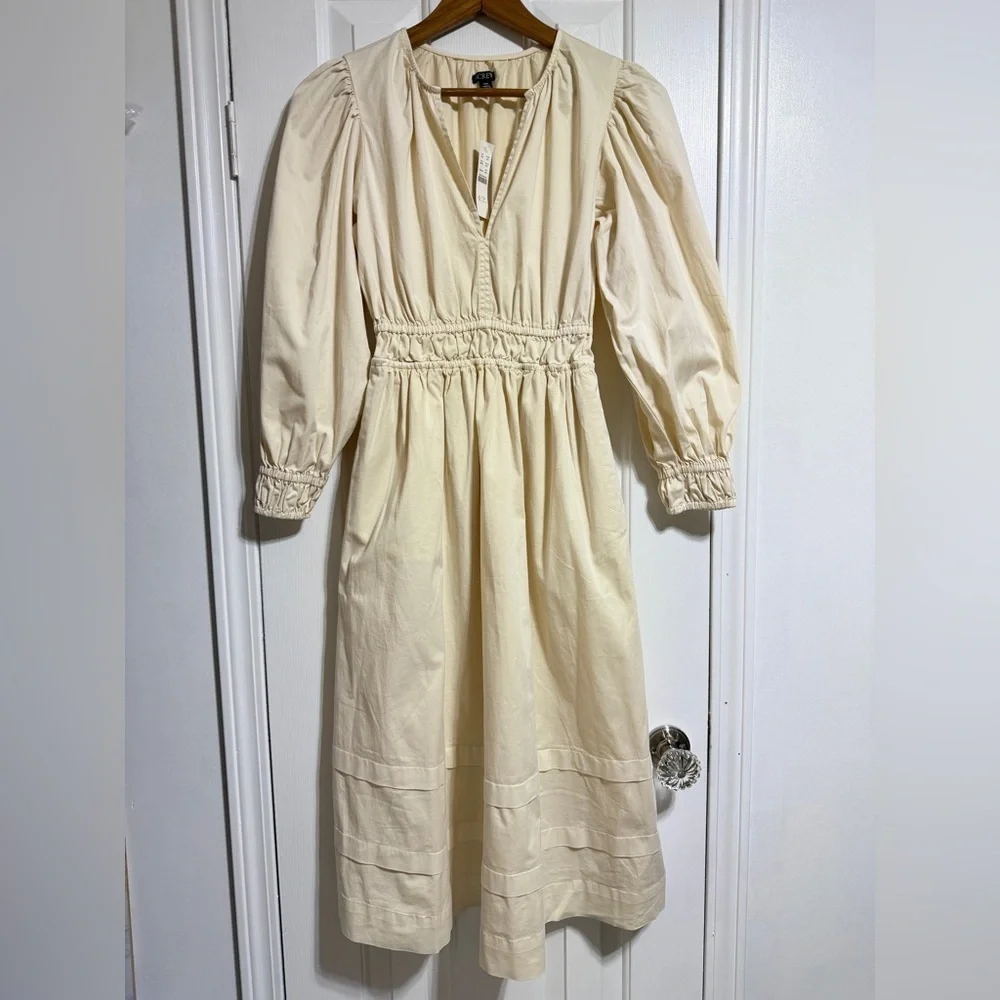 NWT J.Crew Long-sleeve smocked-waist midi dress in lightweight chino cream